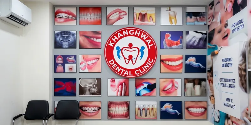 Dr. Khanghwal Dental Clinic photo wall showcasing patient smiles, orthodontic and implant treatments in Mohali